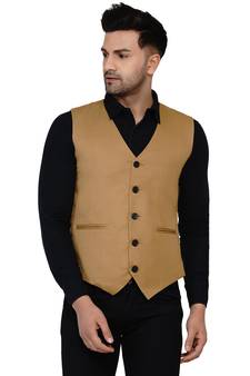 Brown plain cotton nehru-jacket