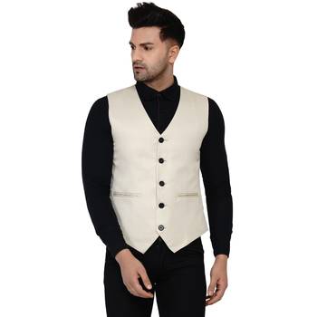 Beige plain cotton nehru-jacket 1