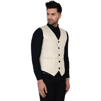Beige plain cotton nehru-jacket 2