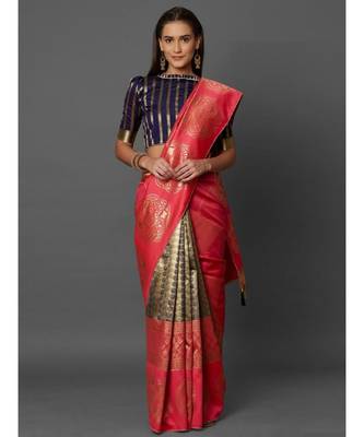 Pink woven silk blend saree with blouse 1