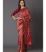 Maroon woven silk blend saree with blouse