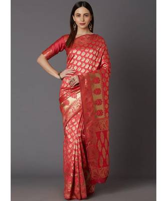Pink woven silk blend saree with blouse 1