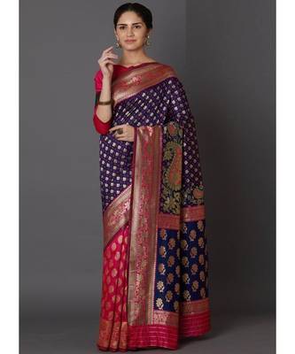 Pink And Blue Banarasi Silk Jacquard Work Designer Saree 1