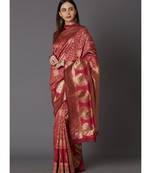 Maroon woven silk blend saree with blouse