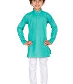 Green plain blended cotton boys-kurta-pyjama