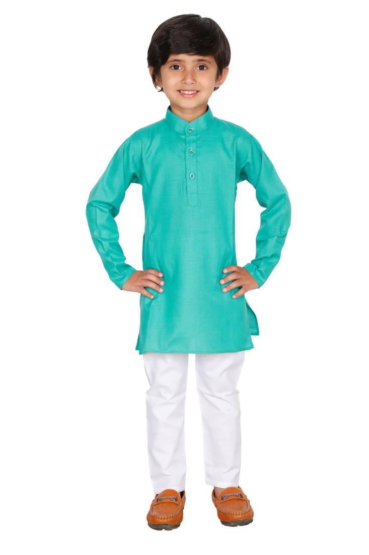 Green plain blended cotton boys-kurta-pyjama