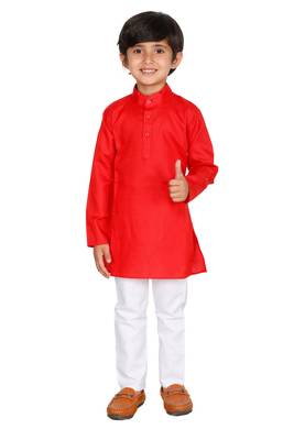 Red plain blended cotton boys-kurta-pyjama 1