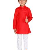 Red plain blended cotton boys-kurta-pyjama