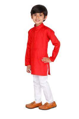 Red plain blended cotton boys-kurta-pyjama 3