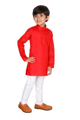 Red plain blended cotton boys-kurta-pyjama 4