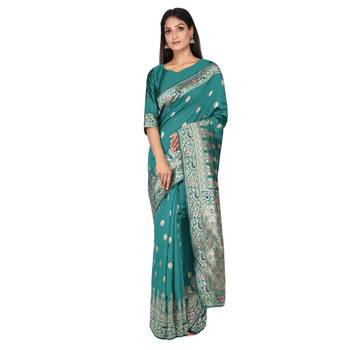 Teal woven silk saree with blouse 3