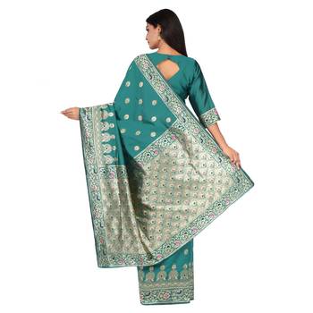 Teal woven silk saree with blouse 4