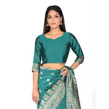 Teal woven silk saree with blouse 5