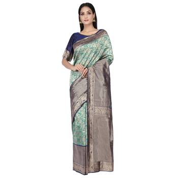Teal woven silk saree with blouse 3