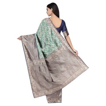 Teal woven silk saree with blouse 4