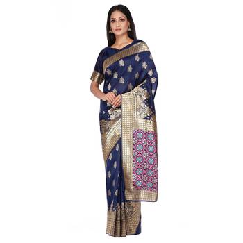 Navy blue woven silk saree with blouse 3