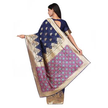 Navy blue woven silk saree with blouse 4