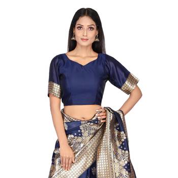 Navy blue woven silk saree with blouse 5