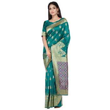 Teal woven silk saree with blouse 3