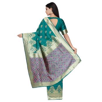 Teal woven silk saree with blouse 4