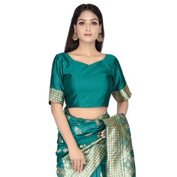 Teal woven silk saree with blouse 5