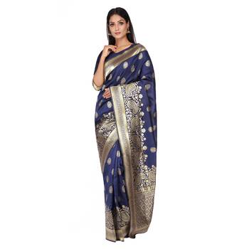 Navy blue woven silk saree with blouse 3