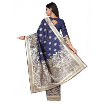 Navy blue woven silk saree with blouse 4
