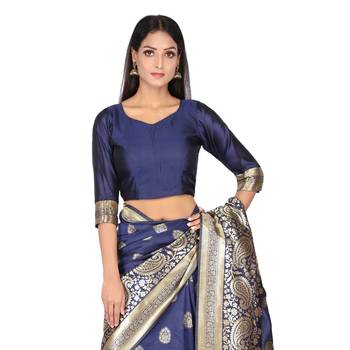Navy blue woven silk saree with blouse 5