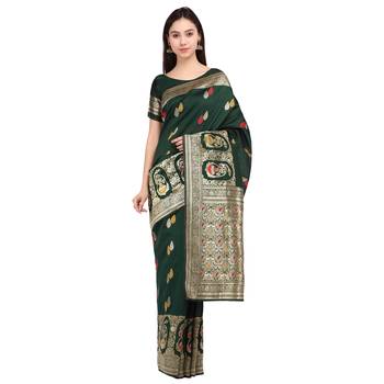 Dark green woven silk saree with blouse 3