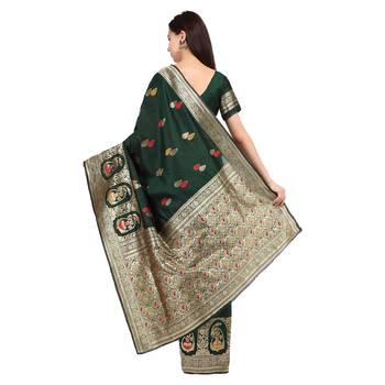 Dark green woven silk saree with blouse 4
