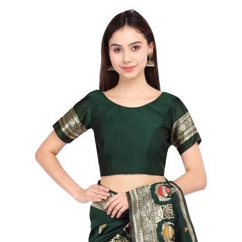 Dark green woven silk saree with blouse 5