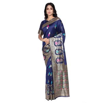Navy blue woven silk saree with blouse 3