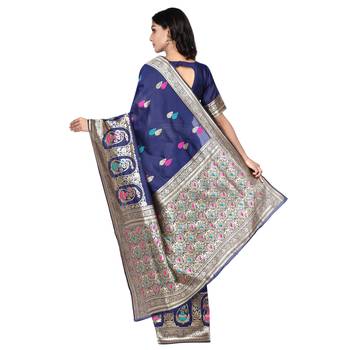 Navy blue woven silk saree with blouse 4