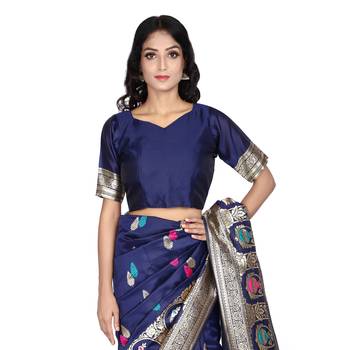 Navy blue woven silk saree with blouse 5
