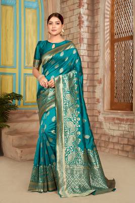 Teal woven silk saree with blouse 1