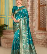 Teal woven silk saree with blouse