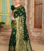 Dark green woven soft silk saree with blouse
