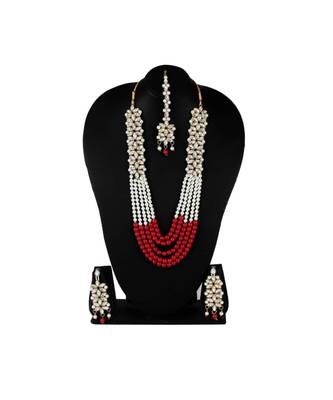 Gold gold plated Brass Alloy   Long Layered Necklace with   Pair Earrings with Maang Tika 1