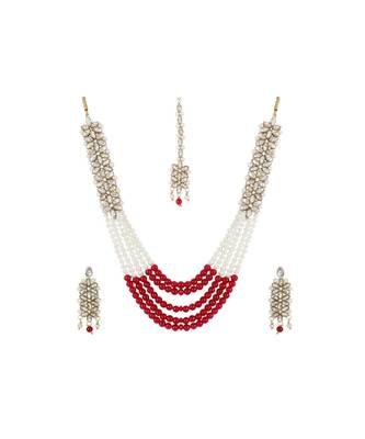 Gold gold plated Brass Alloy   Long Layered Necklace with   Pair Earrings with Maang Tika 2