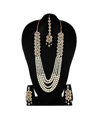 Gold plated Brass Alloy Long Layered Necklace with   Pair Earrings with Maang Tika 1