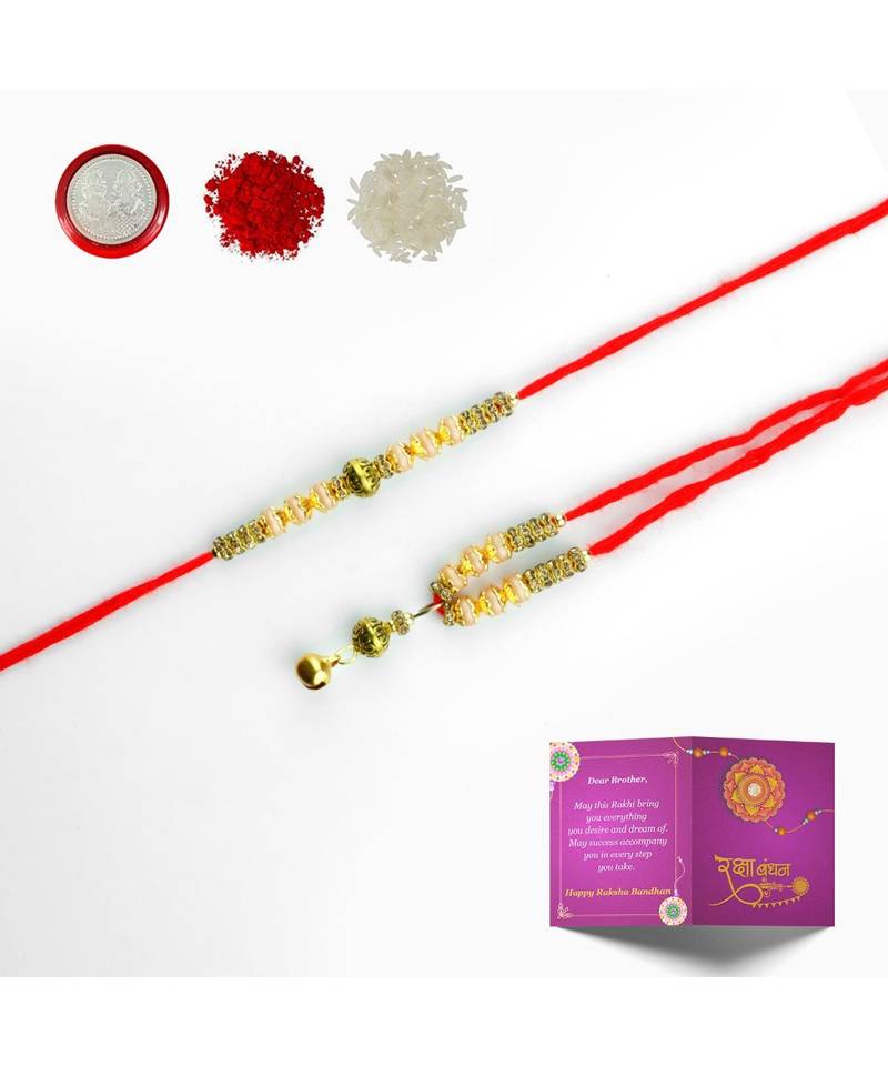 Multicolor beaded_jewellery Yellow Gold Silk Dori Rakhi & coin with ...