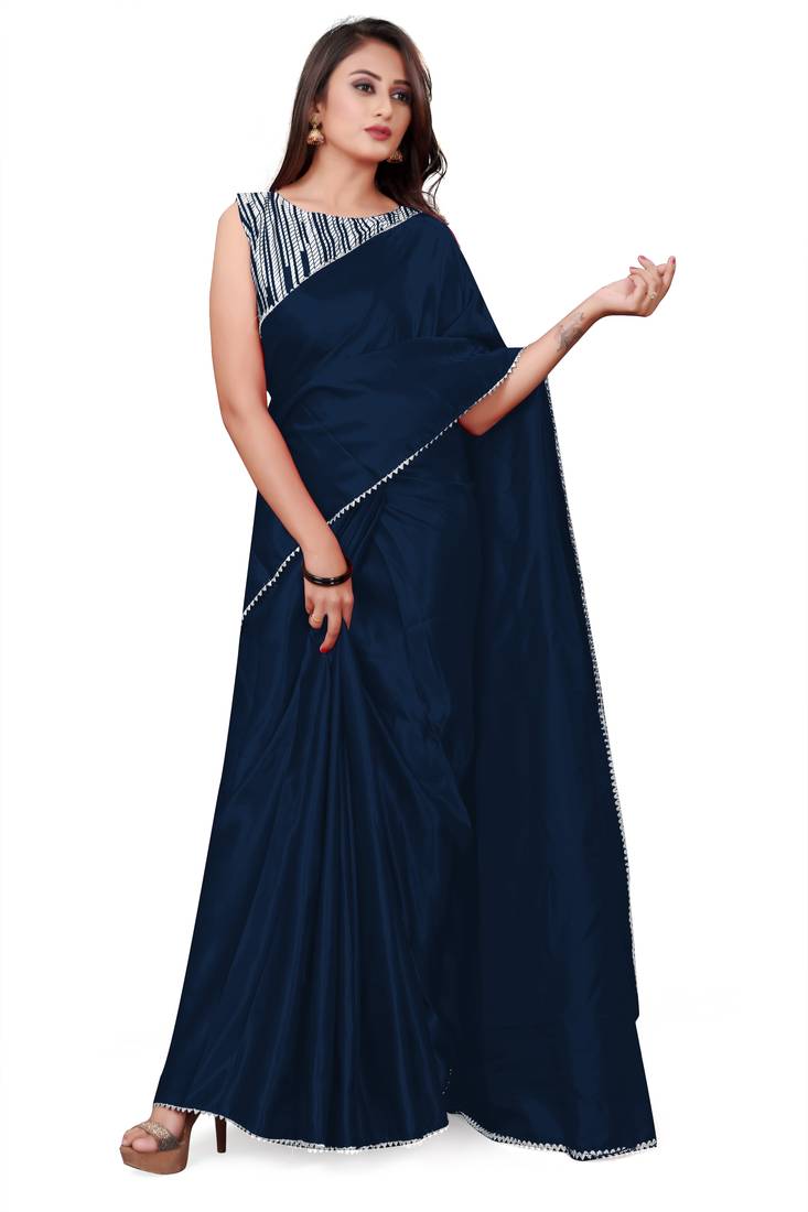 Teal plain satin saree with blouse