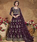 Wine embroidered net semi stitched salwar with dupatta