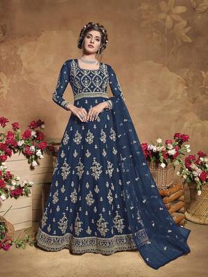 Blue embroidered net semi stitched anarkali salwar  1