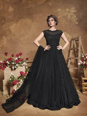 black embroidered net semi stitched anarkali salwar 1