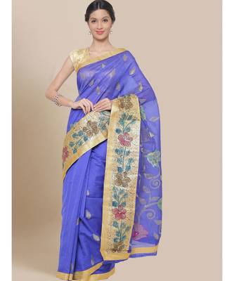 Blue Embroidered art silk saree with blouse 1