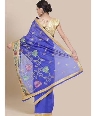 Blue Embroidered art silk saree with blouse 2