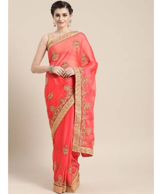 Pink woven chiffon saree with blouse 1