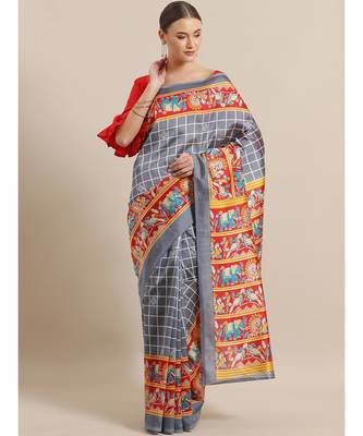 Grey Printed cotton saree with blouse 1