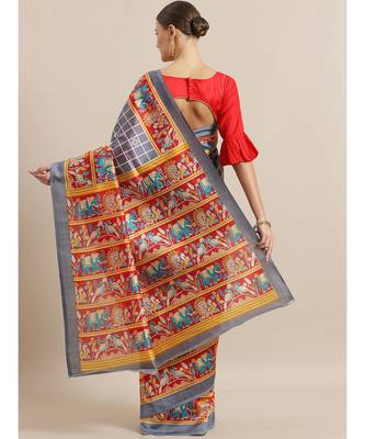 Grey Printed cotton saree with blouse 2